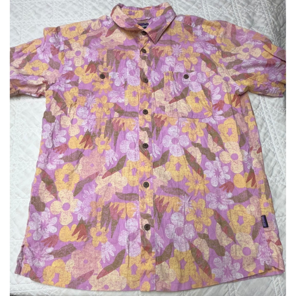Patagonia Back Step Shirt Men Medium Pink Floral Hemp Cotton Button Down